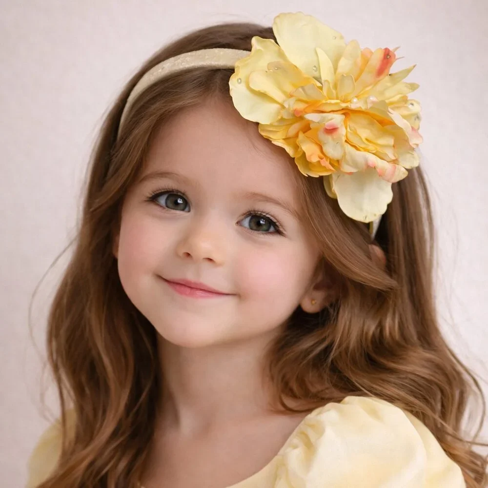 Meg Dana Boutique Yellow Peony Girls Hard Headband with ‎ Silk Flower & Crystals